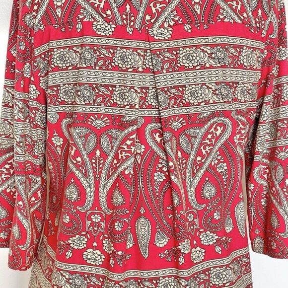 A. Jesdani Womens Blouse Top Paisley Red Size Medium Button Rolled Tab Sleeves - Picture 5 of 13